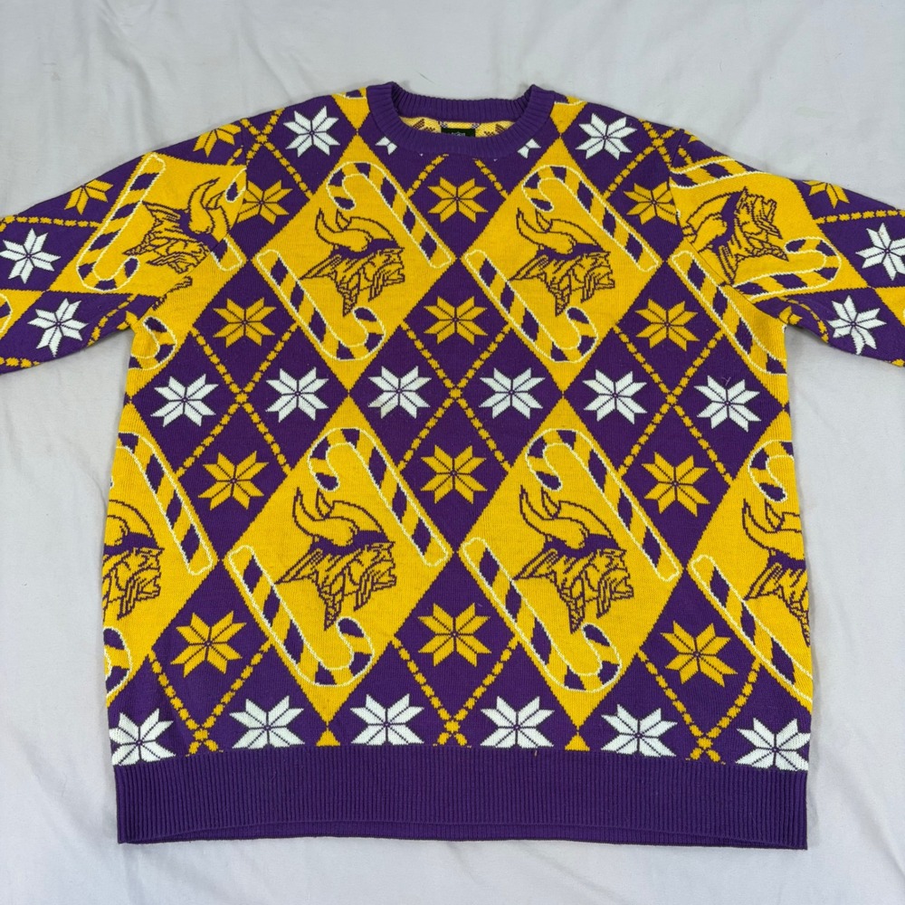 Minnesota Vikings NFL Team Apparel Ugly Christmas Sweater‎ Mens XL Purple Gold
